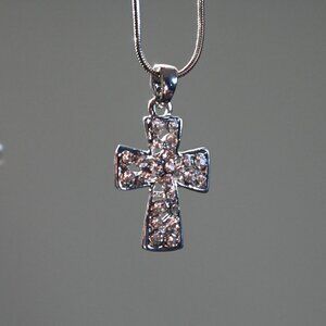 Diamond Crystal Rhinestone Cross Charm Pendant on Silver Snake Chain  19"